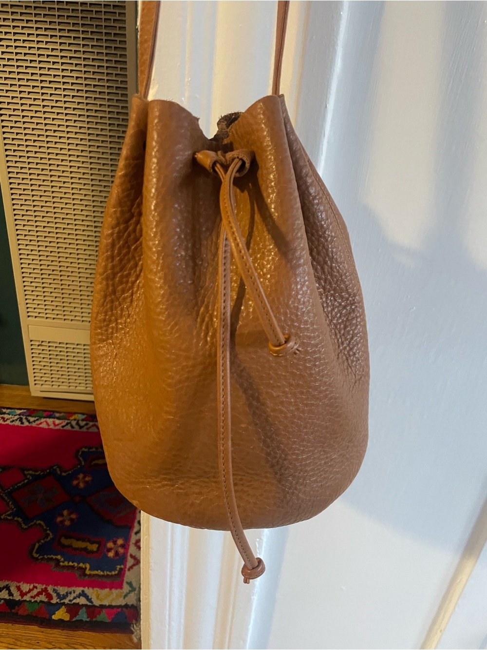 BAGGU Pebbled Leather Drawstring Shoulder Bag - Cognac